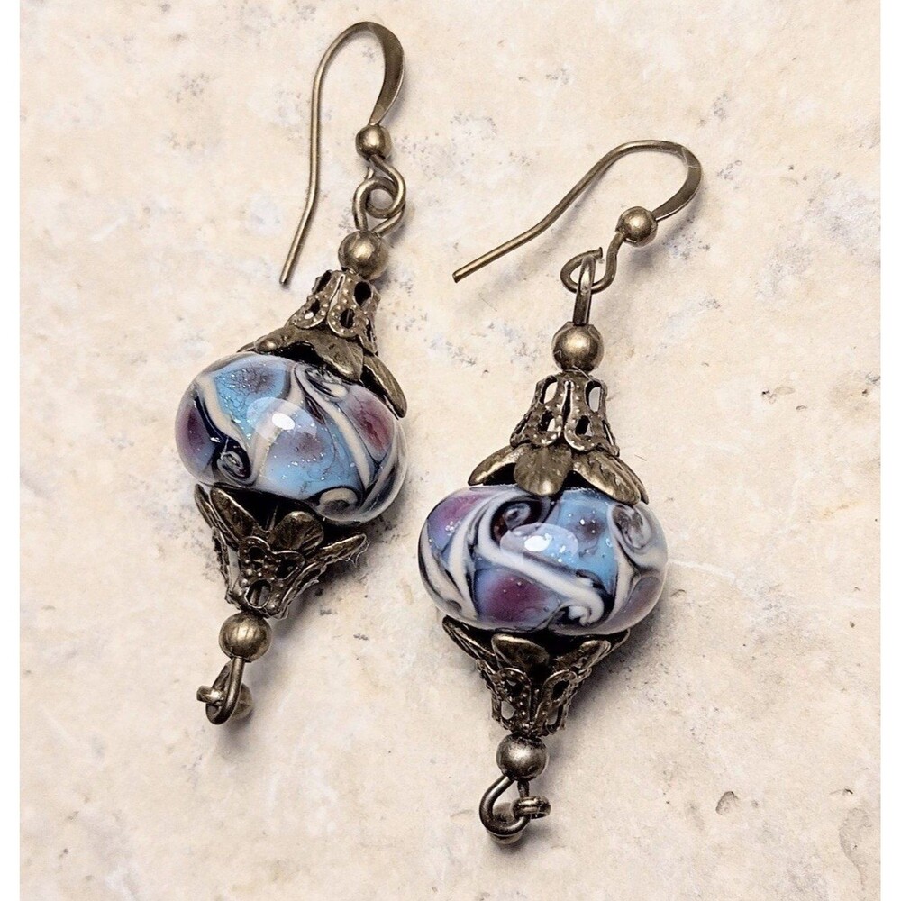 Lamp Work Glass Beaded Dangle Earrings Victorian style Antique Gold tone Artisan